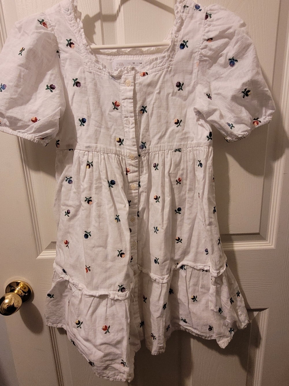 Zara White Cotton Dress with Multicolor Floral Embroidery